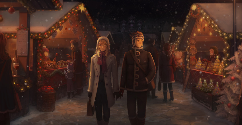 6+boys 6+girls alcohol basket beard black_coat black_gloves blonde_hair blush brown_hair candy_apple christmas christmas_lights christmas_ornaments christmas_tree coat cookie crate earmuffs facial_hair food gloves hand_in_pocket highres imminent_hand_holding kazuko_(towa) lloyd_irving long_hair male_focus mithos_yggdrasill multiple_boys multiple_girls ponytail red_gloves smile snow snow_boots tales_of_(series) tales_of_symphonia white_coat wine