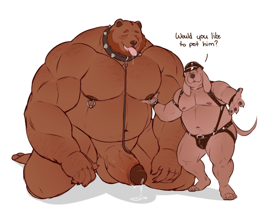 2023 anthro anthro_on_anthro balls barazoku barefoot bdsm bear beard belly belt biceps big_balls big_belly big_muscles big_nipples big_pecs big_penis blush bodily_fluids bulge canid canine canis claws clothing collar deltoids dialogue domestic_dog dominant dominant_anthro dominant_male drooling duo english_text erection eyebrows facial_hair feet fur genital_fluids genitals hand_on_chest hand_on_pecs harness hat headgear headwear hi_res huge_balls huge_muscles huge_pecs huge_penis huge_thighs humanoid_genitalia humanoid_penis inviting kneeling leash leather leather_daddy looking_at_viewer male male/male mammal manly manlyster musclegut muscular muscular_anthro muscular_male narrowed_eyes navel nipple_piercing nipple_ring nipples nude open_mouth open_smile pawpads pec_grasp pecs penis piercing plantigrade precum ring_piercing saliva shadow simple_background size_difference small_dom_big_sub smile spiked_collar spikes standing submissive submissive_anthro submissive_male suspenders talking_to_viewer teeth text thick_penis thick_thighs thong tongue tongue_out tuft underwear vein white_background wristband