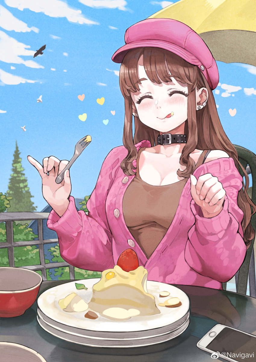 1girl absurdres artist_name bangs bird black_choker blue_sky blush bowl brown_hair brown_tank_top cake chair choker closed_eyes cloud cloudy_sky day earrings food fork fruit hands_up highres holding holding_fork jewelry jun_(seojh1029) licking_lips long_hair original outdoors phone plate purple_headwear purple_sweater sky solo strawberry sweater table tank_top tongue tongue_out tree umbrella upper_body yellow_umbrella
