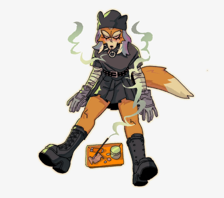 anthro bayboyzone belt boots bottomwear canid canine cigarette clothed clothing collar footwear fox fox_mccloud fur gloves handwear hat headgear headwear hi_res lighter male mammal nintendo orange_body orange_fur sitting skirt solo spiked_collar spikes star_fox