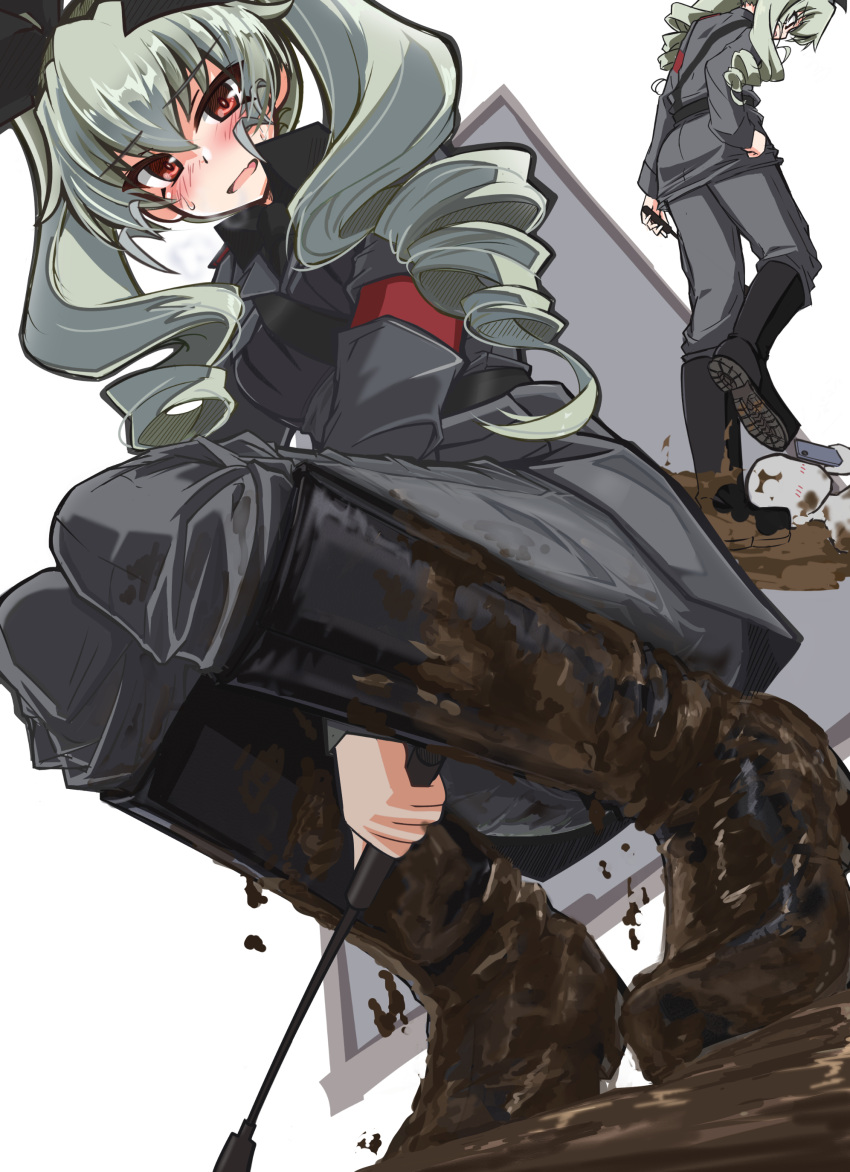 1girl 1other absurdres anchovy_(girls_und_panzer) anzio_military_uniform bangs belt black_belt black_footwear black_necktie black_ribbon black_shirt blush boots cellphone commentary_request dirty_footwear dress_shirt drill_hair girls_und_panzer green_hair grey_jacket grey_pants hair_ribbon highres holding holding_phone isofude jacket knee_boots long_hair long_sleeves looking_at_viewer military military_uniform mud necktie open_mouth pants partial_commentary phone red_eyes ribbon riding_crop sam_browne_belt shirt smartphone smile squatting standing sweatdrop textless_version twin_drills twintails uniform walking wing_collar
