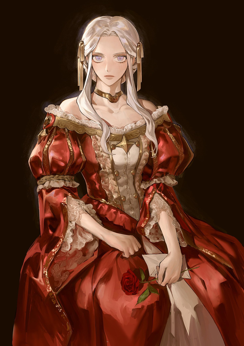 1girl bangs cowboy_shot dress edelgard_von_hresvelg envelope fire_emblem fire_emblem:_three_houses flower gold_choker grey_eyes hair_ribbon hair_up highres holding holding_flower juliet_sleeves long_dress long_sleeves looking_at_viewer off-shoulder_dress off_shoulder ornate_clothes parted_bangs portrait puffy_sleeves red_dress red_flower red_rose ribbon rose sidelocks solo ultra_norinaga white_hair