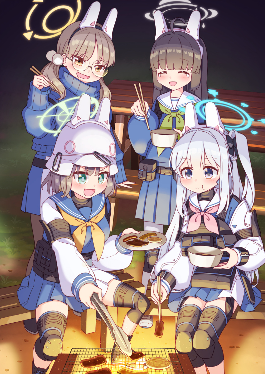 4girls :d :t ^_^ ahoge bangs bench black_hair blue_archive blue_serafuku blue_shirt blue_skirt blue_sweater blush brown_eyes brown_hair chopsticks closed_eyes closed_mouth commentary_request drooling feet_out_of_frame food glasses green_eyes green_neckerchief grey_hair grill grilling halo harada_(sansei_rain) headgear highres holding holding_chopsticks knee_pads long_hair long_sleeves miyako_(blue_archive) miyu_(blue_archive) moe_(blue_archive) mouth_drool multiple_girls neckerchief night on_bench one_side_up outdoors pantyhose park_bench pink_neckerchief pleated_skirt puffy_long_sleeves puffy_sleeves round_eyewear sailor_collar saki_(blue_archive) school_uniform serafuku shirt sitting skirt sleeves_past_wrists smile sweater tears turtleneck turtleneck_sweater v-shaped_eyebrows very_long_hair wavy_hair white_pantyhose white_sailor_collar yellow_neckerchief