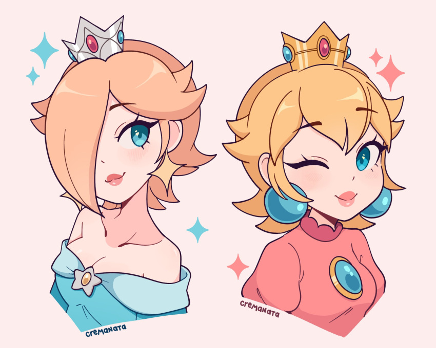 2girls ;) alternate_hairstyle artist_name bangs blonde_hair blue_dress blue_eyes breasts brooch cleavage collarbone cremanata crown dress earrings eyelashes hair_over_one_eye highres jewelry looking_at_viewer mario_(series) multiple_girls off-shoulder_dress off_shoulder one_eye_closed pink_dress princess_peach rosalina short_hair smile star_(symbol) star_earrings upper_body