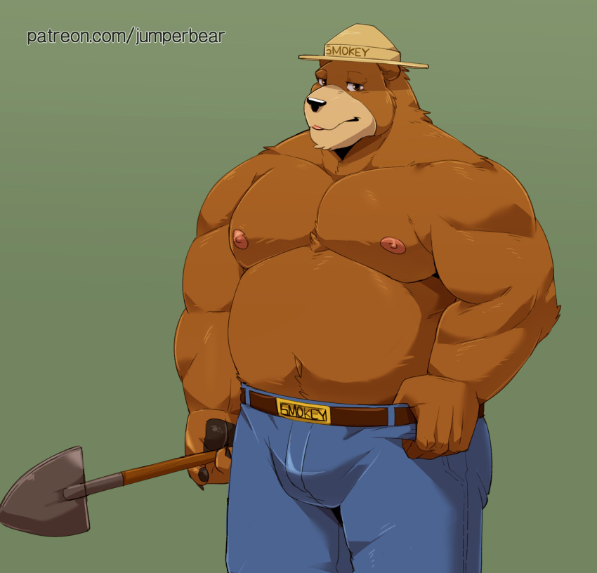 2023 absurd_res anthro bear belly bottomwear brown_body bulge clothing green_background hat headgear headwear hi_res humanoid_hands jumperbear kemono male mammal moobs nipples overweight overweight_male pants shovel simple_background smokey_bear solo tools united_states_forest_service