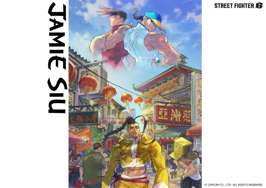 antenna_hair black_hair box box_on_head braid braided_ponytail brothers cardboard_box character_name chinese_clothes commentary_request cousins crop_top crowd hat highres jamie_(street_fighter) lantern midriff navel official_art paper_lantern road siblings street street_fighter street_fighter_6 street_fighter_iii_(series) takayuki_nakayama twins walking yang_lee yun_lee