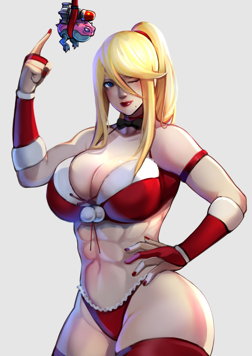 1girl bangs bikini black_bow black_bowtie blonde_hair blue_eyes bow bowtie breasts christmas cleavage hand_on_hip highres hornoad large_breasts long_bangs looking_at_viewer metroid missile mistletoe mole mole_under_mouth navel one_eye_closed pun red_bikini red_lips red_nails samus_aran swimsuit white_background xuuikie_ashe