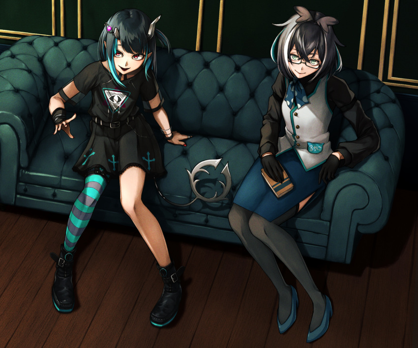 2girls 774_inc. animare bangs black-framed_eyewear black_dress black_footwear black_gloves black_hair black_shirt blue_bow blue_bowtie blue_hair blue_skirt blue_thighhighs book boots bow bowtie breasts closed_mouth commentary commentary_request couch cross_print crossed_bangs demon_girl demon_horns demon_tail dress eye_hair_ornament eye_of_providence fang flat_chest full_body glasses gloves green_eyes grey_thighhighs head_wings highres horns indoors long_hair long_sleeves looking_at_viewer medium_hair momose_nasukura multicolored_hair multiple_girls official_alternate_costume open_mouth oura_rukako pencil_skirt pointy_ears polka_dot_bowtie red_eyes red_nails semi-rimless_eyewear shirt shishio_chris short_hair short_sleeves single_thighhigh sitting skirt small_breasts smile streaked_hair striped striped_thighhighs sugar_lyric tail thighhighs two-tone_hair under-rim_eyewear vest virtual_youtuber white_hair white_vest wooden_floor wristband