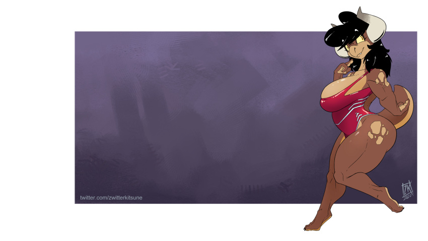 16:9 big_breasts black_hair breasts cleavage clothed clothing female hair hi_res horn kobold one-piece_swimsuit samantha_reyes solo swimwear thick_thighs wallpaper widescreen zwitterkitsune