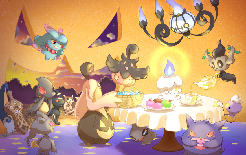 banette basket blush chandelure cloud commentary_request cup drifloon food furret gengar gourgeist halloween holding holding_basket honedge jack-o'-lantern litwick looking_up misdreavus no_humans open_mouth phantump plate pointing pokemon pokemon_(creature) pumpkaboo putto saucer shuppet sky smile standing table tablecloth tea teacup teapot twilight umbreon yamask yellow_eyes
