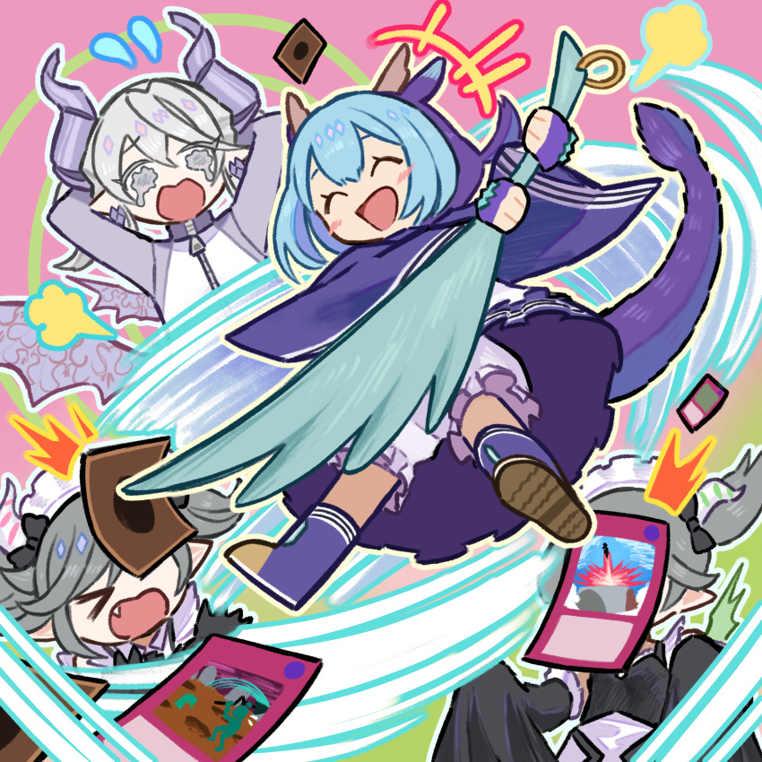 4girls ^_^ arianna_the_labrynth_servant arianne_the_labrynth_servant bloomers card closed_eyes compulsory_evacuation_device crying crying_with_eyes_open demon_girl demon_horns dragon_girl duel_monster gameplay_mechanics gravedigger's_trap_hole harpie's_feather_duster highres horns hucydin laundry_dragonmaid lovely_labrynth_of_the_silver_castle multiple_girls smile tears track_suit trading_card underwear wa_maid wind yu-gi-oh!