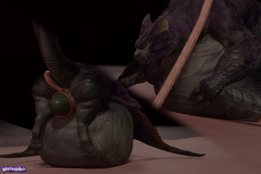 3:2 3d_(artwork) anal anal_penetration anal_prolapse anus belly big_belly blender_(software) blender_cycles butt capcom cave cavern claws digital_media_(artwork) dragon egg female feral flying_wyvern fur genitals hi_res hyper hyper_pregnancy laying_on_stomach monster_hunter nargacuga obese obese_feral overweight overweight_female overweight_feral oviposition penetration pregnant prolapse prolapse_penetration purple_body purple_fur pussy scalie tentacles thiccacuga vaginal_prolapse wings wyvern