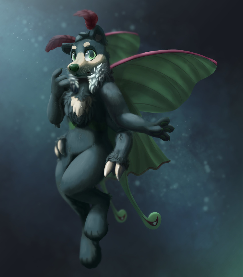 4_arms absurd_res ambiguous_gender antennae_(anatomy) anthro arthropod bear black_body black_fur circle_eyebrows claw_fingers digital_media_(artwork) digital_painting_(artwork) digitigrade eyebrows floating full-length_portrait fur green_nose green_wings hand_on_hip hi_res hybrid insect insect_wings lepidopteran lepidopteran_wings looking_at_viewer mammal mintychipart moth multi_arm multi_limb pawpads portrait shaded simple_background solo sparkles tan_body tan_fur whiskers wings
