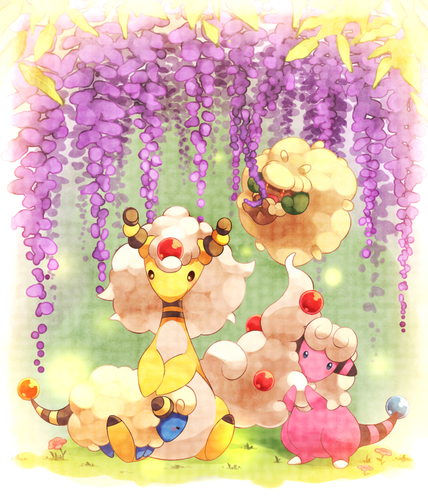 :d ampharos blush brown_eyes closed_eyes closed_mouth commentary_request evolutionary_line flaaffy flower grass highres holding mareep mega_ampharos mega_pokemon no_humans open_mouth orange_eyes pink_flower pokemon pokemon_(creature) putto sitting smile whimsicott