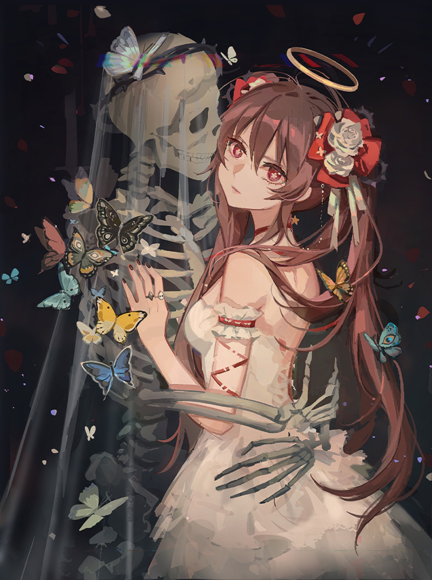 1girl absurdres bangs black_butterfly black_nails blue_butterfly breasts brown_hair bug butterfly choker dress flower flower-shaped_pupils from_side genshin_impact hair_between_eyes hair_flower hair_ornament halo highres hu_tao_(genshin_impact) jewelry long_hair looking_to_the_side multiple_rings parted_lips red_choker red_eyes ring skeleton small_breasts symbol-shaped_pupils twintails very_long_hair white_dress yellow_butterfly zerotabi1210