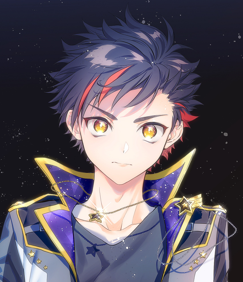 1boy bangs black_background black_hair black_shirt closed_eyes ensemble_stars! glowing high_collar highres jacket jewelry multicolored_hair nagumo_tetora namo necklace open_clothes open_jacket red_hair shirt short_hair solo star_(symbol) star_necklace streaked_hair yellow_eyes