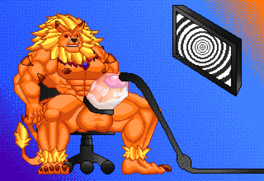 absurd_res animated anthro bandai_namco bodily_fluids chair cum digimon digimon_(species) digital_media_(artwork) ejaculation furniture genital_fluids hi_res hypnosis leomon loop machine male milking_cum milking_machine mind_control morinetsu muscular muscular_anthro pixel_(artwork) pixel_animation sitting solo