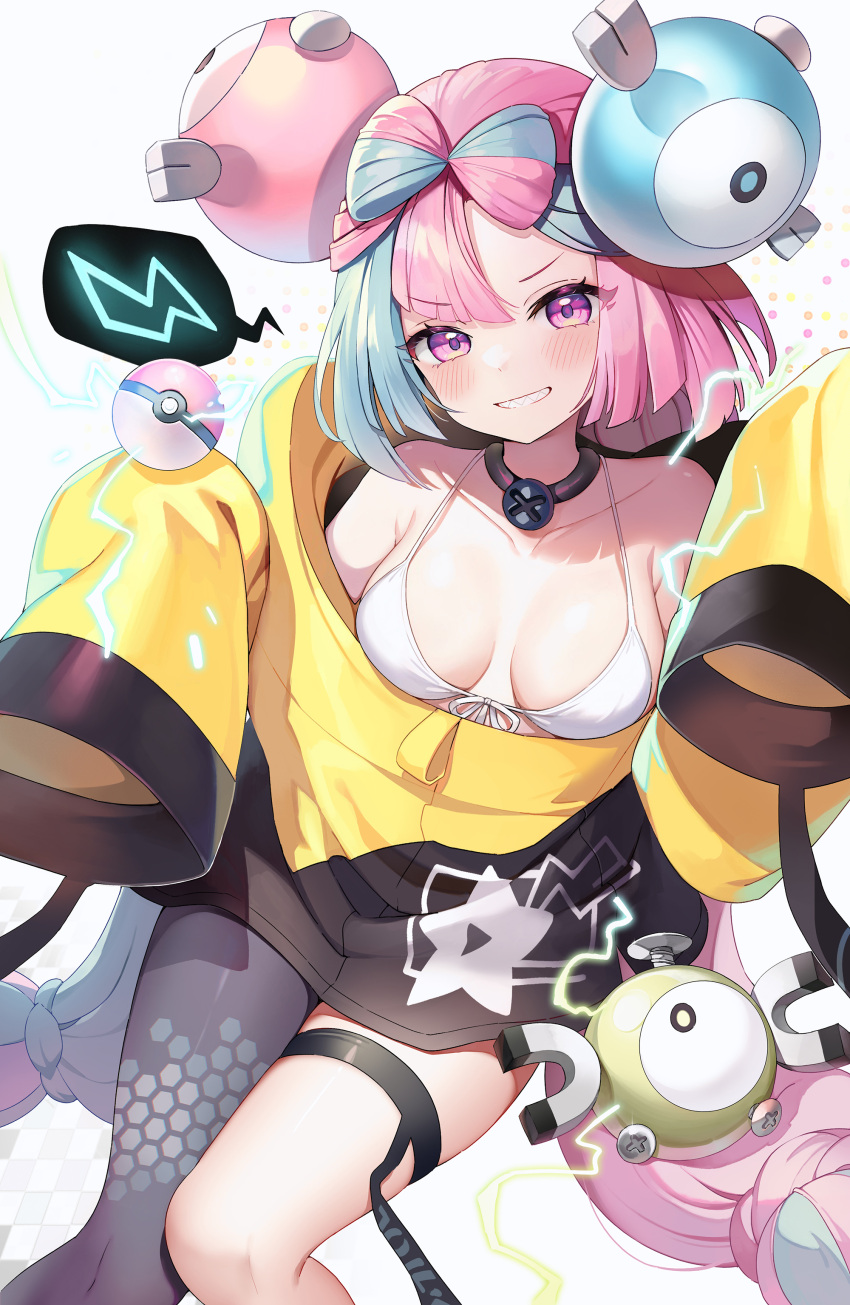 1girl absurdres bikini blue_hair bow-shaped_hair breasts character_hair_ornament cleavage grey_pantyhose hair_ornament highres iono_(pokemon) jacket jehyun long_hair looking_at_viewer medium_breasts multicolored_hair pantyhose pink_eyes pink_hair poke_ball pokemon pokemon_(game) pokemon_sc pokemon_sv sharp_teeth simple_background single_leg_pantyhose sleeves_past_fingers sleeves_past_wrists smile solo swimsuit teeth thigh_strap two-tone_hair very_long_hair white_background white_bikini yellow_jacket