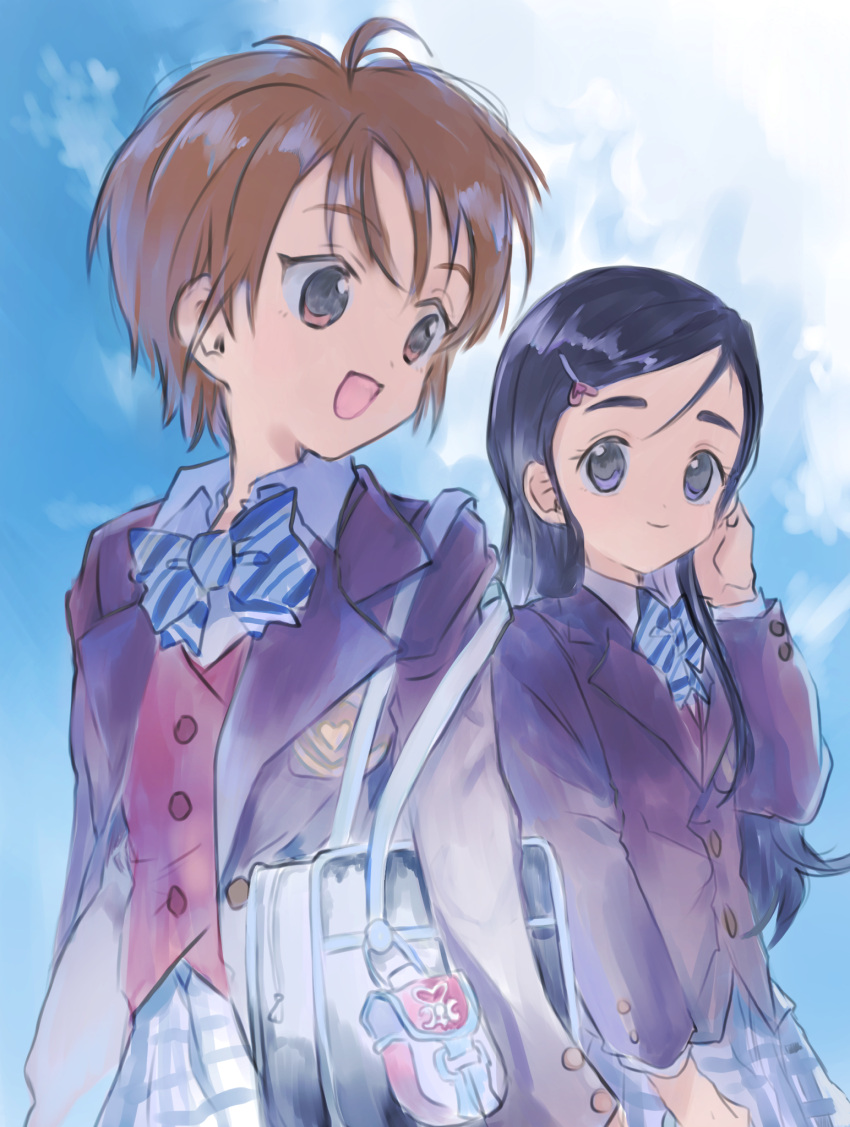 2girls :d arms_at_sides bag bangs black_hair blazer blue_bow blue_bowtie blue_skirt blue_sky bow bowtie breast_pocket brown_eyes brown_hair brown_jacket closed_mouth cloud cowboy_shot day diagonal-striped_bow diagonal-striped_bowtie dot_nose eye_contact futari_wa_precure hair_behind_ear hair_ornament hair_strand hair_tucking hairclip hand_in_own_hair hand_up hano_luno heart heart_hair_ornament highres jacket lapels long_hair long_sleeves looking_ahead looking_at_another looking_to_the_side misumi_nagisa multiple_girls notched_lapels open_clothes open_jacket open_mouth outdoors plaid plaid_skirt pleated_skirt pocket precure purple_eyes red_vest school_bag school_uniform shiny shiny_hair short_hair shoulder_bag skirt sky smile standing sunlight swept_bangs tareme thick_eyebrows unkempt verone_gakuin_school_uniform vest waistcoat wing_collar yukishiro_honoka