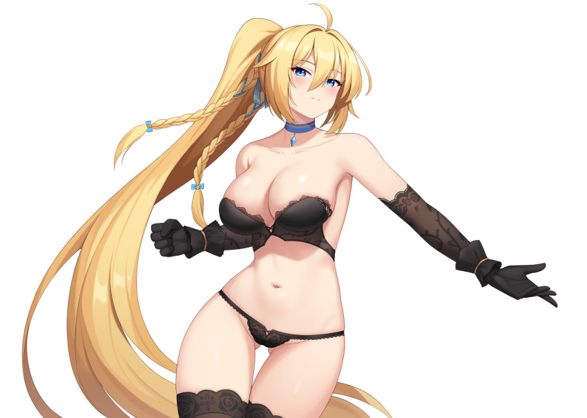 1girl ahoge bangs bare_shoulders black_bra black_gloves black_panties black_thighhighs blonde_hair blue_choker blue_eyes blush bow bra breasts choker cleavage clenched_hand collarbone cowboy_shot elbow_gloves frown gloves hair_between_eyes hair_bow hair_ribbon heijialan highres long_hair navel original panties ribbon shiny shiny_hair simple_background solo stomach striped striped_ribbon thighhighs underwear very_long_hair white_background