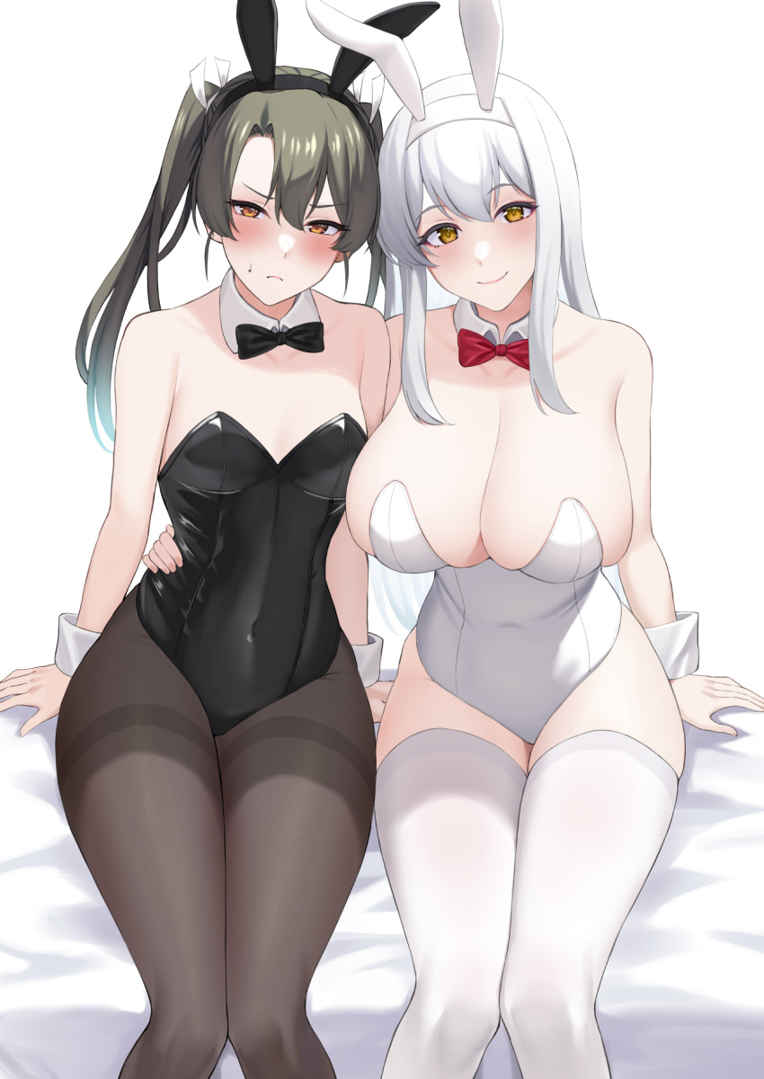 2girls alternate_costume animal_ears arm_around_waist asymmetrical_bangs bangs bare_shoulders bed_sheet black_bow black_bowtie black_leotard black_pantyhose blush bow bowtie breasts brown_eyes cleavage collarbone commentary_request covered_navel dark_green_hair detached_collar fake_animal_ears frown hair_ribbon highres kantai_collection large_breasts leotard long_hair looking_at_viewer md5_mismatch multiple_girls orange_eyes pantyhose playboy_bunny rabbit_ears red_bow red_bowtie revision ribbon shoukaku_(kancolle) sitting size_difference small_breasts smile straight_hair sweatdrop takaman_(gaffe) thighband_pantyhose thighhighs twintails white_background white_hair white_leotard white_ribbon white_thighhighs white_wrist_cuffs zuikaku_(kancolle)