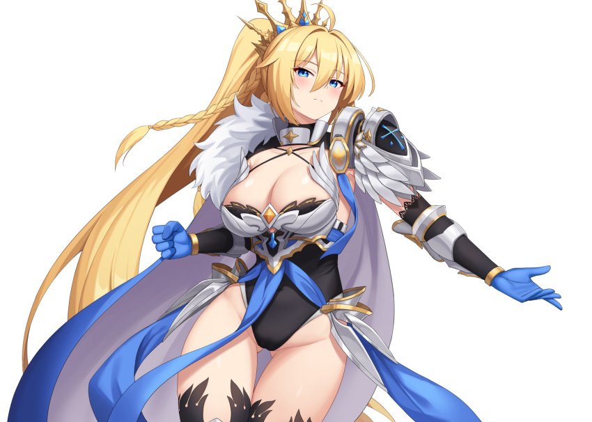 1girl ahoge armor bangs bare_shoulders black_gloves black_leotard black_thighhighs blonde_hair blue_cape blue_choker blue_eyes blue_gloves blush braid cameltoe cape choker clenched_hand collarbone covered_navel cowboy_shot crown elbow_gloves frown fur-trimmed_armor gloves groin hair_between_eyes heijialan highres leotard long_hair original ribbon shiny shiny_hair shoulder_plates simple_background solo striped striped_ribbon thighhighs very_long_hair white_background