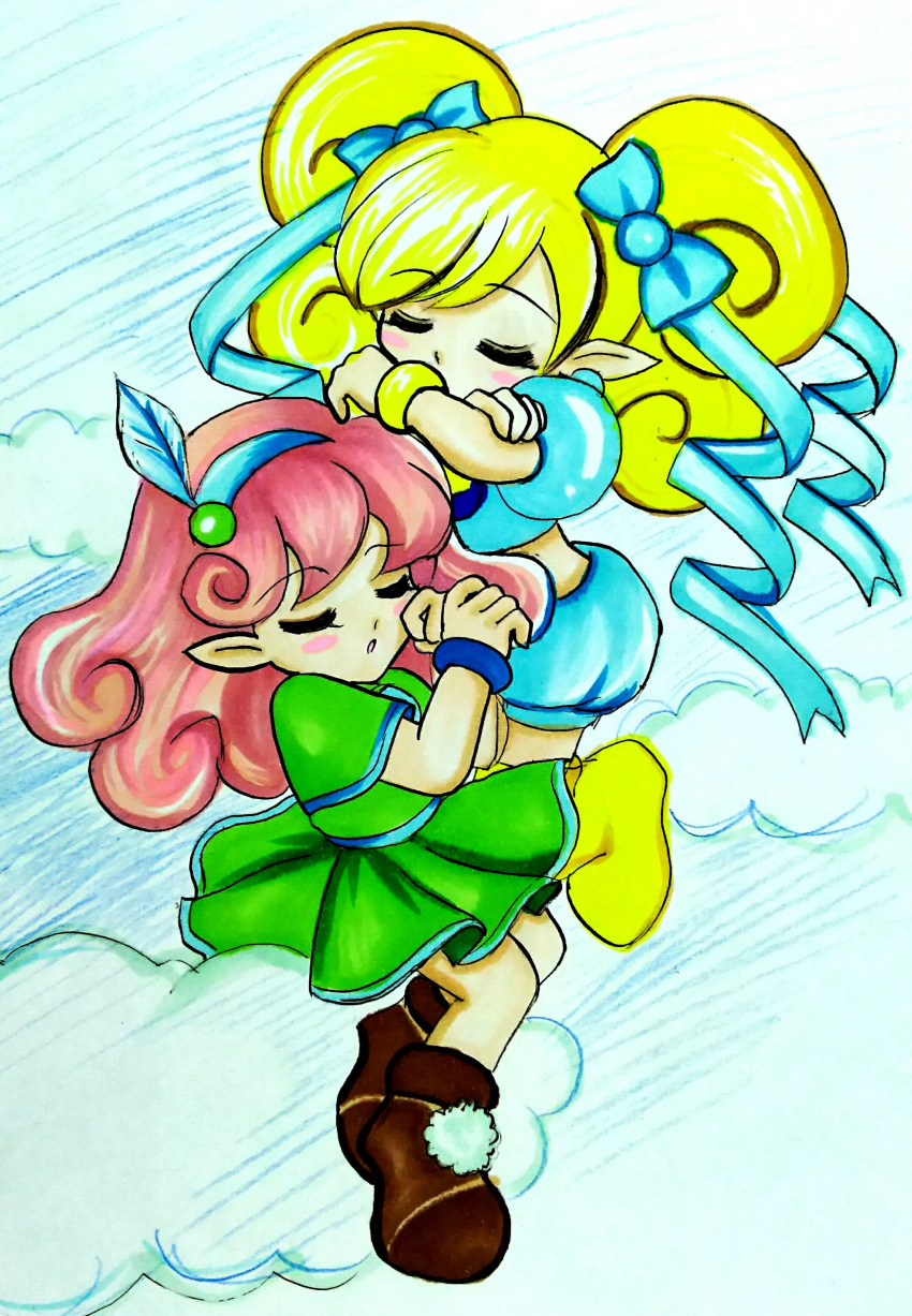 2girls absurdres armlet blonde_hair blush character_request closed_eyes cloud cloudy_sky curly_hair dreaming fairy floating green_shirt highres long_hair multiple_girls panel_de_pon pink_hair respect-wiz-msm shirt sky traditional_media windy_(panel_de_pon)