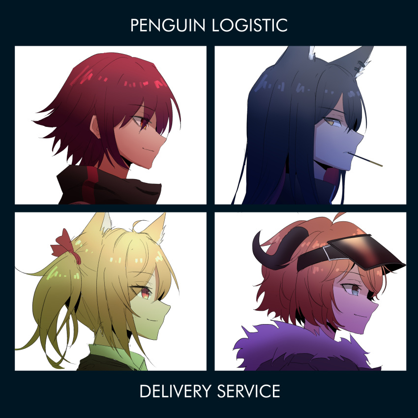 4girls absurdres album_cover animal_ear_fluff animal_ears arknights black_hair blonde_hair cover croissant_(arknights) demon_days_(gorillaz) exusiai_(arknights) highres multiple_girls parody penguin_logistics_(arknights) red_eyes red_hair savitr07 short_hair smile sora_(arknights) texas_(arknights) twintails white_background wolf_ears yellow_eyes