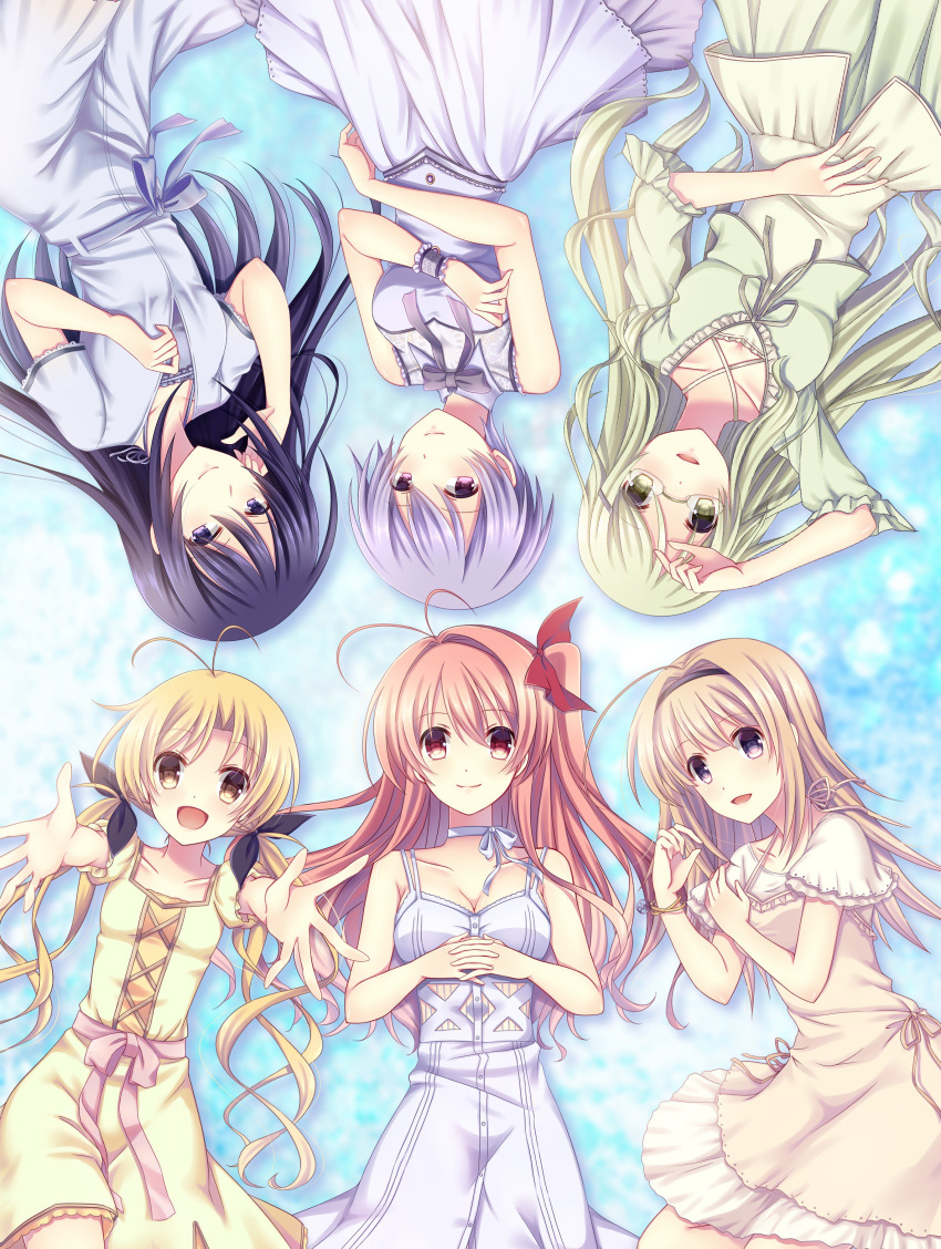 6+girls :d absurdres ahoge antenna_hair aoi_sena bangle black_hair blonde_hair blue_eyes blue_hair blurry blurry_background blush bow bowtie bracelet breasts chaos;head choker collarbone crossed_arms dress glasses hair_ornament hair_ribbon hairband highres jewelry kishimoto_ayase kusunoki_yua large_breasts long_hair looking_at_viewer lying medium_breasts multiple_girls nishijou_myu nishijou_nanami one_side_up open_mouth orihara_kozue outstretched_arms pink_eyes pink_hair purple_eyes ribbon sakihata_rimi short_hair smile twintails very_long_hair yellow_eyes