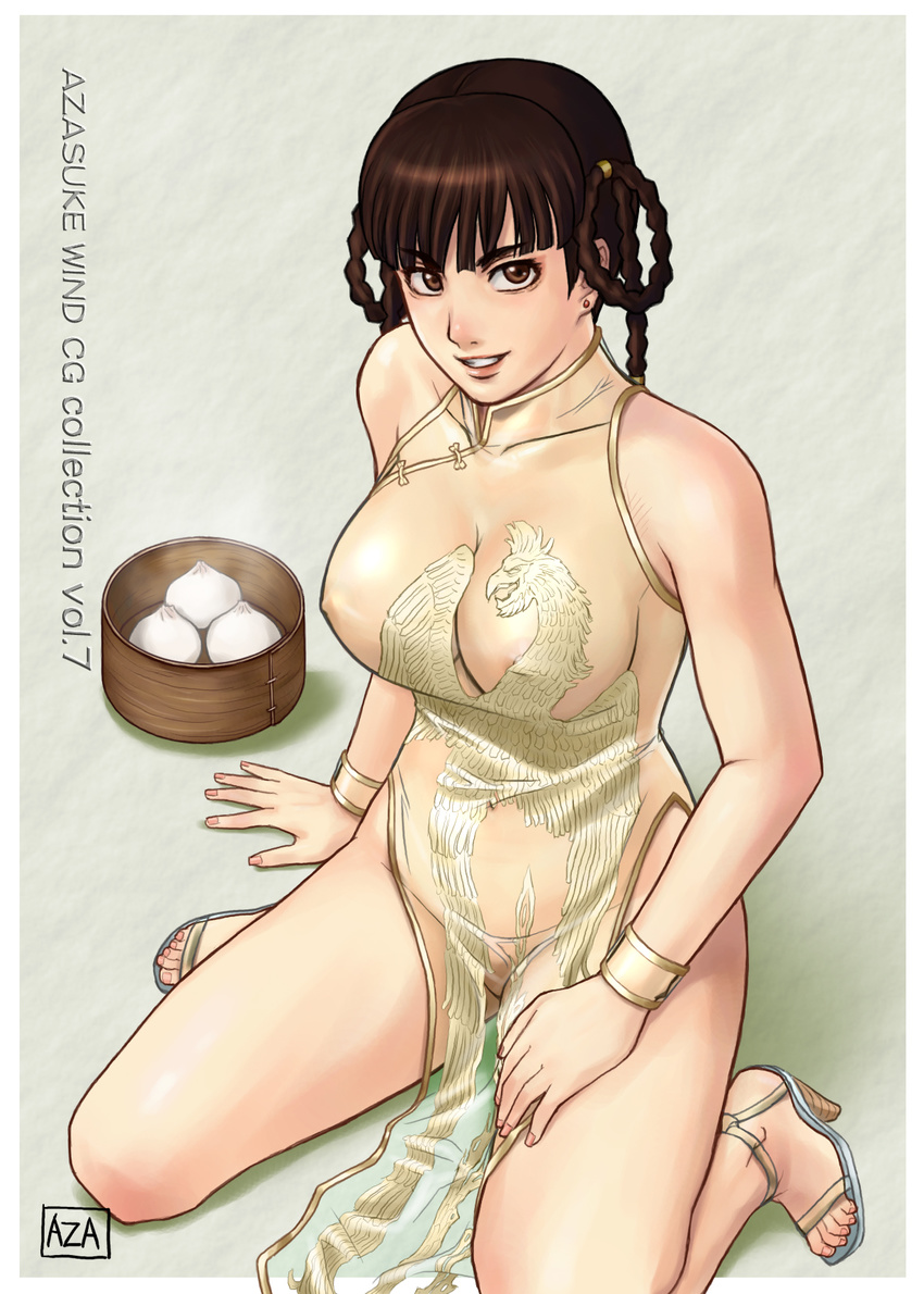 arm_support azasuke bare_shoulders braid breasts brown_eyes brown_hair china_dress chinese_clothes cuffs dead_or_alive dress earrings female food grin highres jewelry kneeling lei_fang nikuman nipples no_bra no_panties sandals see-through smile solo tecmo twin_braids