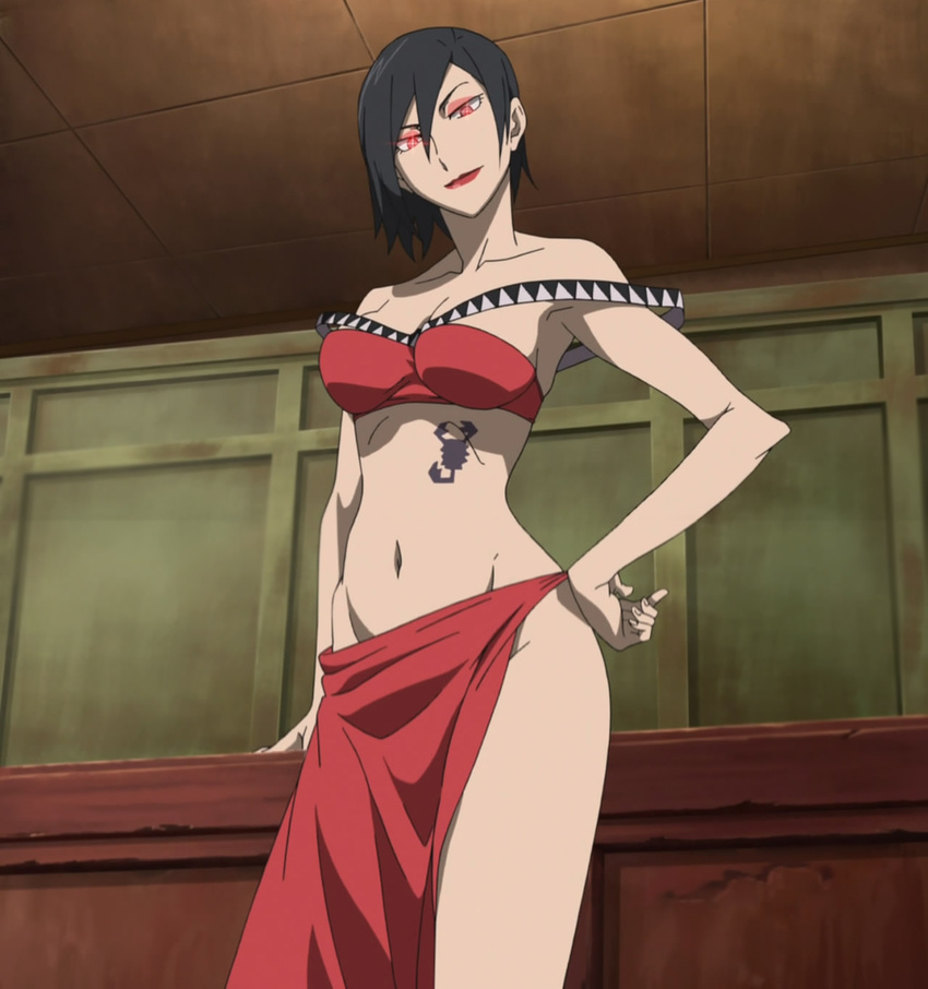 black_hair breasts darker_than_black eyeshadow highres large_breasts makeup red_eyes screencap short_hair solo stitched tattoo third-party_edit