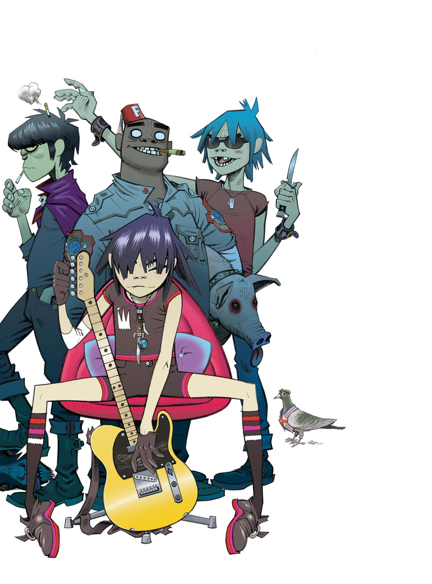 1girl 3boys absurdres artist_request food gorillaz highres homepage multiple_boys murdoc_niccals noodle noodle_(gorillaz) noodles pigeon russel_hobbs simple_background smile stuart_pot white_background