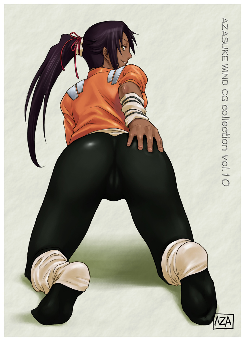 all_fours ass ass_grab azasuke bleach cameltoe dark-skinned_female dark_skin dark_skinned_female female from_behind full_body gradient gradient_background groping highres latex long_hair looking_back ponytail purple_hair shihouin_yoruichi skin_tight smile solo yellow_eyes