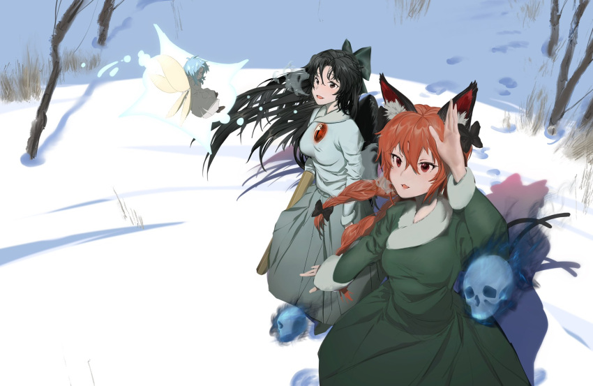 3girls alternate_costume animal_ear_fluff animal_ears black_bow black_footwear black_hair black_wings blue_hair bow braid brown_eyes cat_ears cat_tail coat dress feathered_wings floating_skull footprints ghost grass green_bow green_coat highres hitodama jacket kaenbyou_rin long_hair multiple_girls multiple_tails red_eyes red_hair reiuji_utsuho rin_reycamoy shadow skirt skull slit_pupils snow steam_from_mouth tail third_eye touhou tree twin_braids two_tails white_dress white_hair white_jacket white_skirt wind wings zombie_fairy_(touhou)