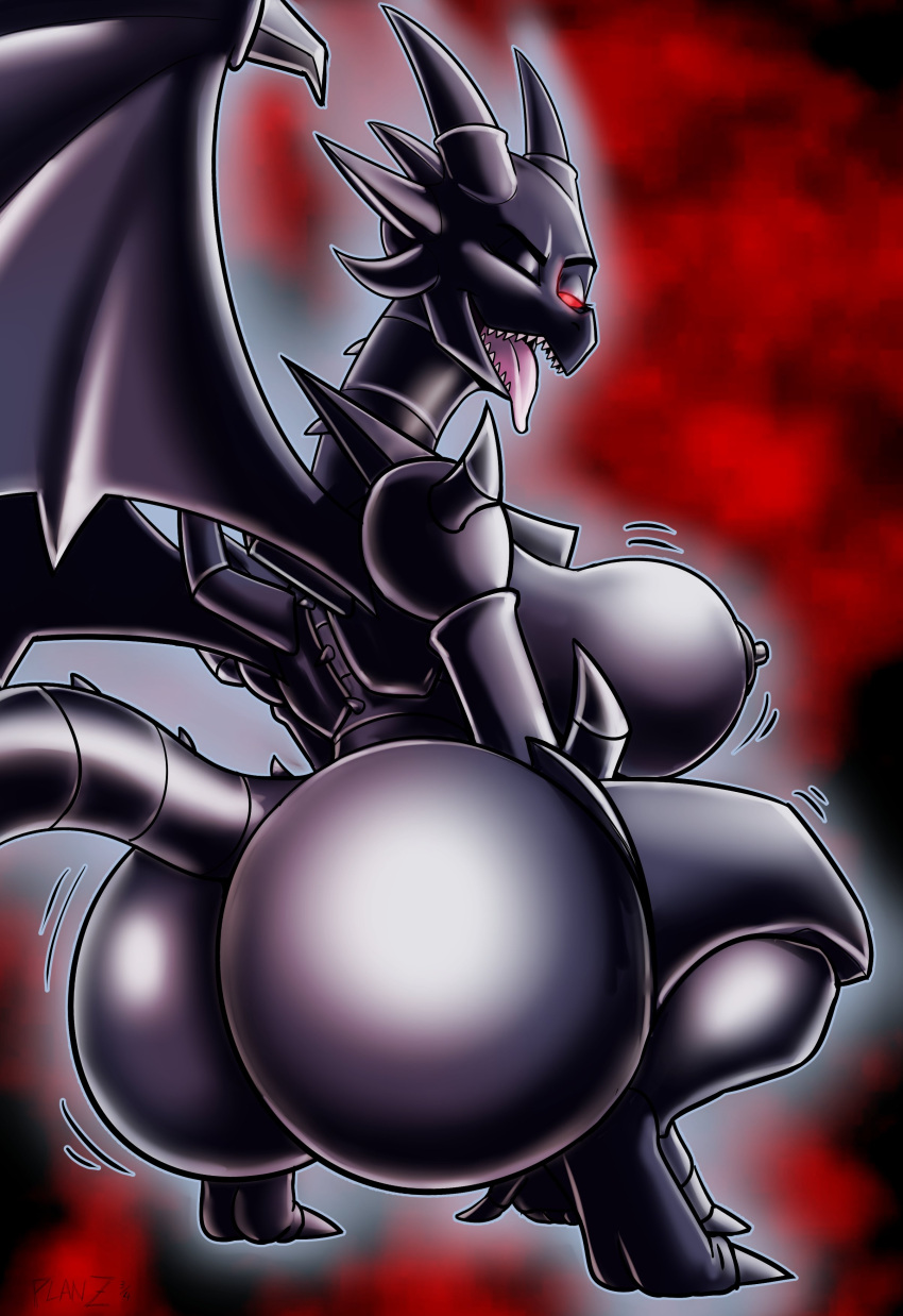 absurd_res anthro big_breasts big_butt black_body bouncing_breasts bouncing_butt breasts butt crouching dragon duel_monster female hi_res horn looking_at_viewer nipples not_furry one_eye_closed open_mouth planz34 red-eyes_black_dragon red_eyes sharp_teeth smile solo tail teeth tongue tongue_out twerking wings yu-gi-oh!