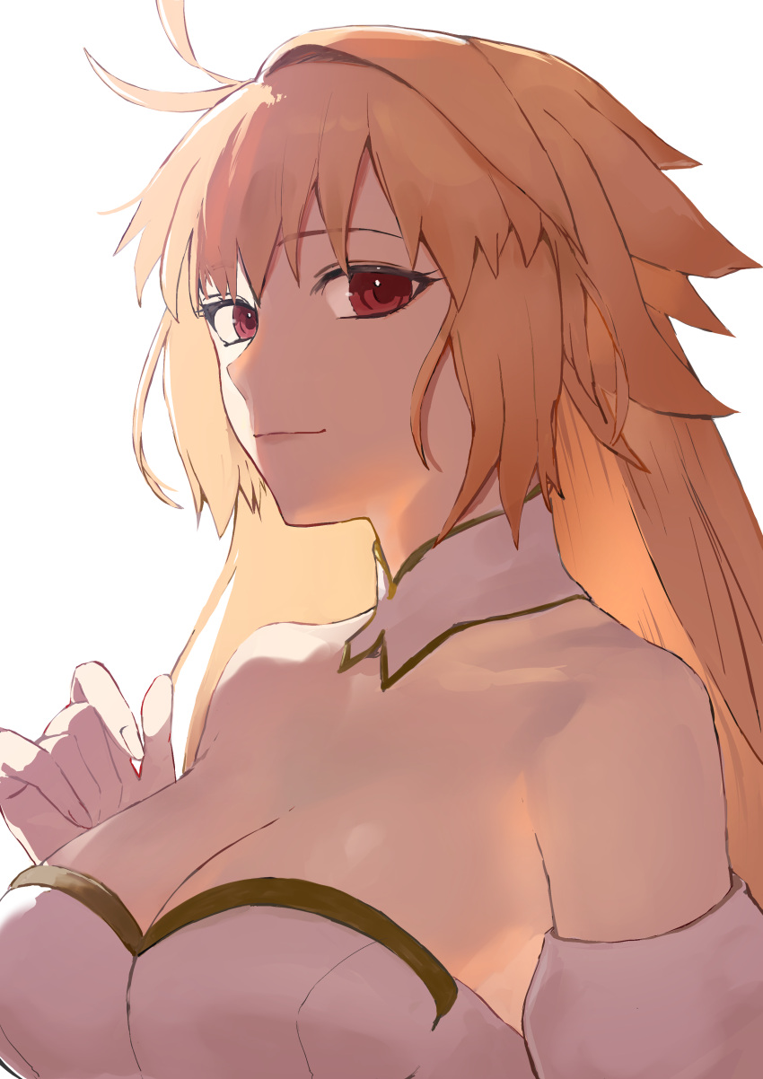 1girl absurdres antenna_hair archetype_earth arcueid_brunestud bangs bare_shoulders blonde_hair breasts cleavage closed_mouth highres large_breasts long_hair looking_at_viewer moritaeaka red_eyes simple_background smile solo tsukihime upper_body white_background