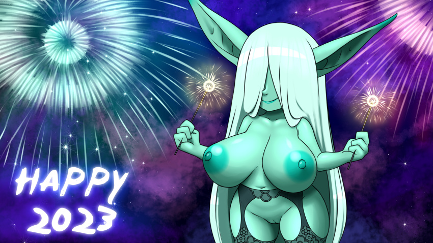 big_breasts black_clothing breasts clothing female fireworks furball_(artist) garter_belt garter_straps genitals goblin green_body green_hair green_skin hair hair_over_eyes hi_res hidden_face holding_object holidays humanoid humanoid_pointy_ears long_ears long_hair meeya_(furball) navel new_year new_year_2023 nipples pussy short_stack solo sparkler standing