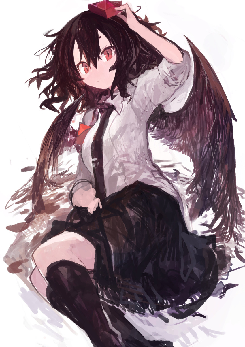 1girl :/ absurdres adjusting_clothes adjusting_headwear bird_wings black_hair black_necktie black_skirt black_socks black_wings closed_mouth commentary feathered_wings feet_out_of_frame hair_between_eyes hat highres kaamin_(mariarose753) kneehighs looking_at_viewer medium_hair necktie red_eyes red_headwear shameimaru_aya shirt short_sleeves simple_background skirt slit_pupils socks solo tokin_hat touhou white_background white_shirt wings