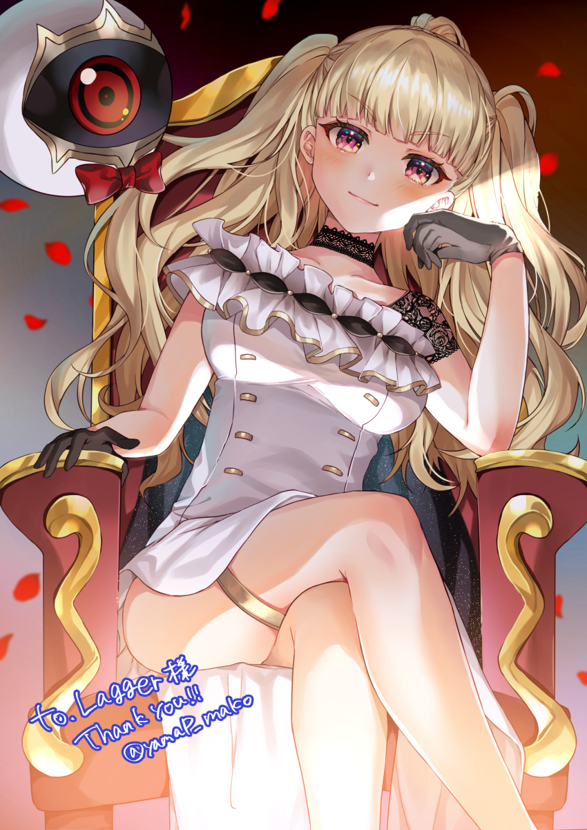 1girl absurdres alternate_costume bare_legs blonde_hair bow bowtie choker collarbone commentary_request commission crossed_legs dress earrings eitri_(fire_emblem) fire_emblem fire_emblem_heroes from_below gloves highres jewelry lace lace_choker looking_at_viewer petals red_eyes rose_petals sitting skeb_commission solo thighs throne tri_tails yam_(yamap_mako)