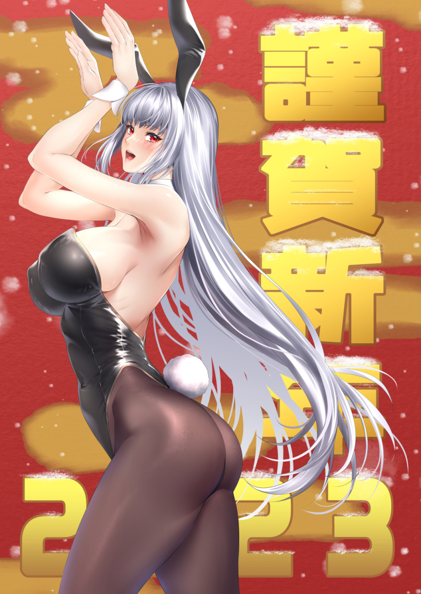 1girl 2023 animal_ears ass bare_shoulders black_leotard breasts brown_pantyhose bunny_pose chinese_zodiac cleavage covered_nipples cowboy_shot detached_sleeves from_side grey_hair happy_new_year highres large_breasts leotard long_hair looking_at_viewer new_year nose open_mouth original pantyhose playboy_bunny rabbit_ears rabbit_tail red_eyes shiny shiny_clothes sideboob smile solo tail very_long_hair wrist_cuffs year_of_the_rabbit zucchini