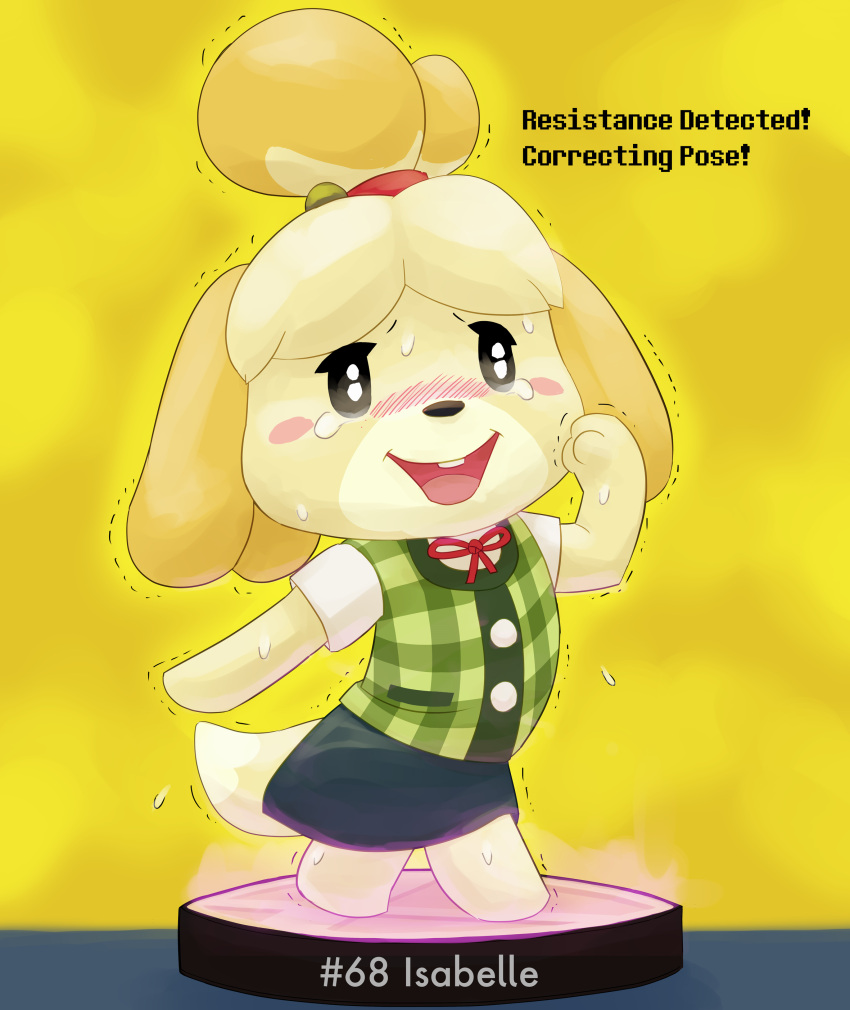 absurd_res amiibo animal_crossing anthro blue_bottomwear blue_clothing blue_skirt blush bodily_fluids bottomwear canid canine canis clothing denim denim_clothing denim_skirt domestic_dog female hi_res immobile immobilization isabelle_(animal_crossing) kurohane_karasu mammal nintendo on_display skirt solo super_smash_bros. super_smash_bros._ultimate sweat