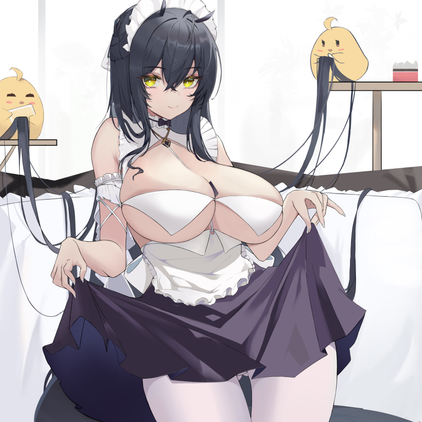 1girl absurdres ahoge apron arm_garter ass_visible_through_thighs azur_lane bangs between_breasts black_dress black_hair breasts card card_between_breasts center_opening chinese_commentary cleavage closed_mouth comb cowboy_shot crossed_bangs dress eyelashes hair_between_eyes highres indomitable_(azur_lane) indomitable_(ms._motivationless_maid)_(azur_lane) large_breasts long_hair looking_at_viewer maid maid_apron maid_headdress manjuu_(azur_lane) official_alternate_costume pantyhose qiyueban revealing_clothes skindentation skirt_hold sleeveless sleeveless_dress smile solo thigh_gap very_long_hair white_pantyhose yellow_eyes