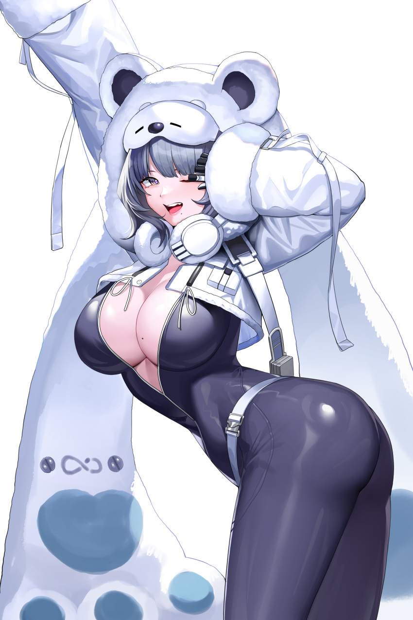 1girl ;d absurdres animal_hood arm_up ass bear_hood belt bent_over black_bodysuit black_gloves bodysuit breasts center_opening cleavage commentary cowboy_shot cropped_jacket fur-trimmed_sleeves fur_trim gloves goddess_of_victory:_nikke grey_hair headphones headphones_around_neck highres hood hooded_jacket jacket large_breasts latex latex_bodysuit lips looking_at_viewer mili_(pixiv24297867) mole mole_on_breast mole_under_mouth neve_(nikke) one_eye_closed open_clothes open_jacket open_mouth orange_eyes shiny shiny_clothes short_hair simple_background skin_tight smile solo standing teeth upper_teeth_only white_background white_belt white_headwear white_jacket