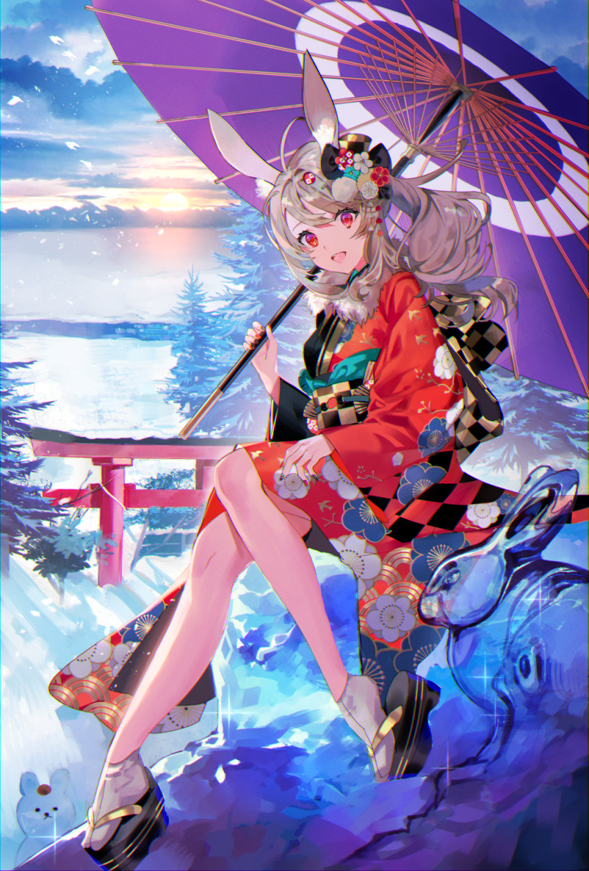 1girl animal_ears bangs brown_hair chinese_zodiac fur-trimmed_kimono fur_trim geta hair_ornament highres holding holding_clothes holding_underwear ice_sculpture japanese_clothes kimono long_hair long_sleeves looking_at_viewer morino_minori nengajou new_year obi oil-paper_umbrella open_mouth original outdoors ponytail rabbit rabbit_ears rabbit_girl red_eyes sash sky snow snowman socks solo sparkle sunset tabi tree umbrella underwear wide_sleeves winter year_of_the_rabbit