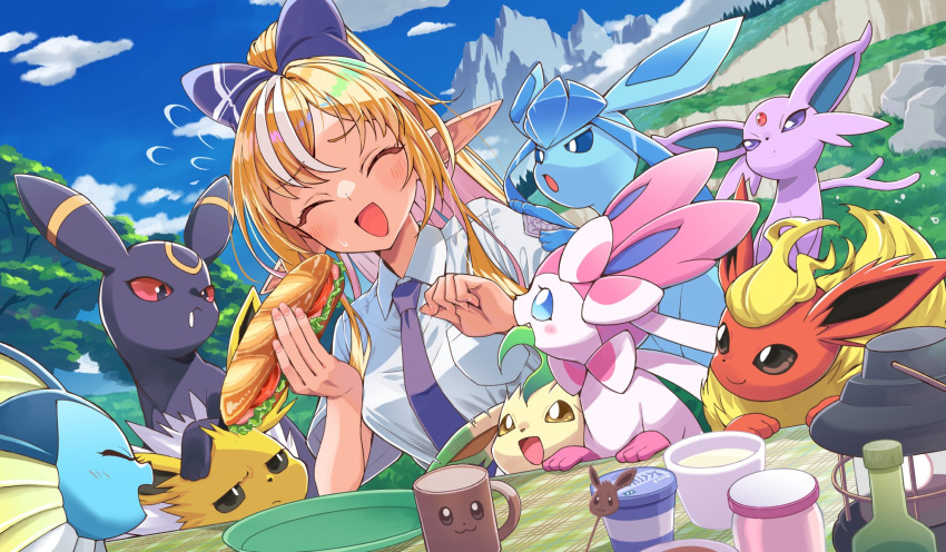 1girl :d bangs blonde_hair blue_necktie blush bow closed_eyes collared_shirt day espeon flareon food glaceon hair_bow highres holding holding_food hololive itaboon jolteon leafeon long_hair multicolored_hair necktie outdoors pokemon pokemon_(creature) ponytail sandwiched shiranui_flare shirt short_sleeves smile streaked_hair sylveon umbreon vaporeon virtual_youtuber white_hair white_shirt