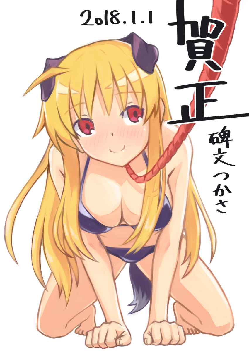 1girl 2018 absurdres all_fours animal_ears artist_name bangs barefoot bikini black_bikini blonde_hair blush breasts cleavage closed_mouth commentary_request dated fate_testarossa halterneck hibun_tsukasa highres kemonomimi_mode large_breasts leash long_hair looking_at_viewer lyrical_nanoha nengajou new_year partial_commentary red_eyes signature smile solo swimsuit tail