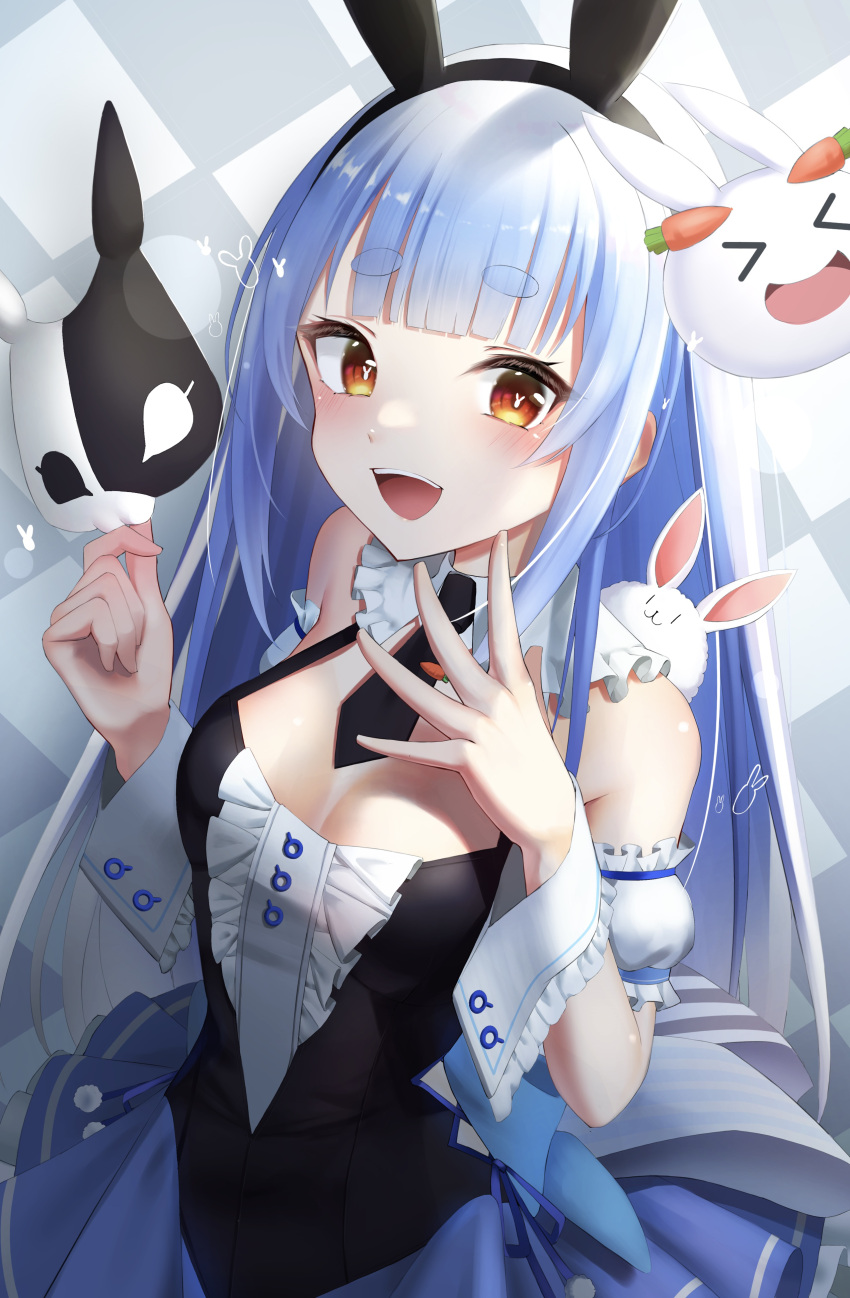 &gt;_&lt; 1girl absurdres animal_ears bangs blue_hair blunt_bangs breasts bunny-shaped_pupils bunny_mask carrot center_frills checkered_background cleavage collar detached_collar detached_sleeves don-chan_(usada_pekora) fake_animal_ears frilled_collar frilled_skirt frills hair_down highres holding holding_mask hololive leotard looking_at_viewer mask medium_breasts necktie nousagi_(usada_pekora) open_mouth orange_eyes playboy_bunny pleated_skirt rabbit rabbit_ears shin_insh short_necktie skirt smile solo symbol-shaped_pupils thick_eyebrows tie_clip usada_pekora virtual_youtuber wrist_cuffs