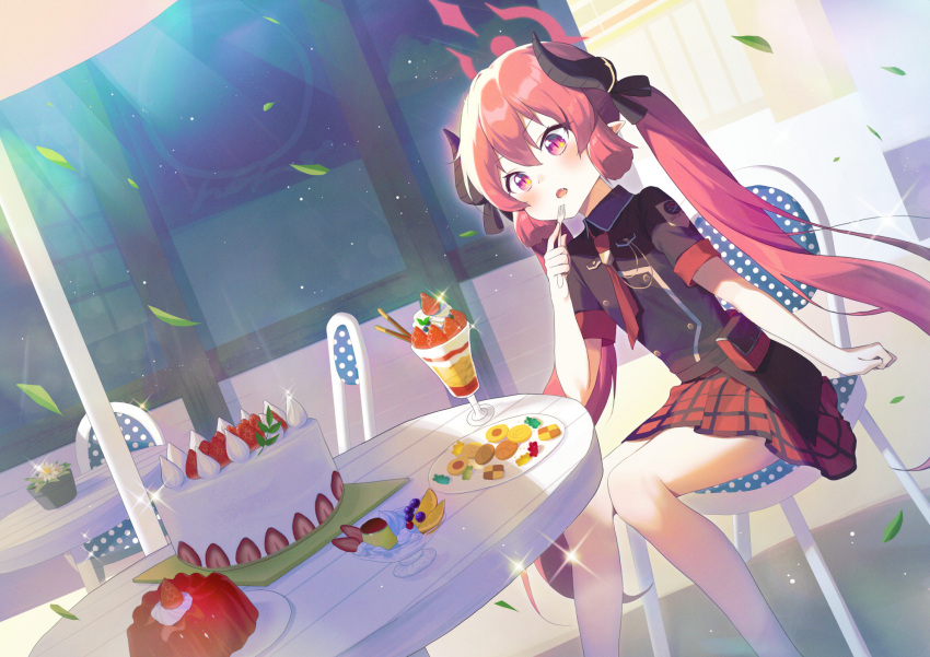 1girl aiguillette alpha_(ypalpha79) bag bangs belt blue_archive blueberry blunt_tresses blush cake chair collared_shirt cookie day food fork fruit gelatin halo highres holding holding_fork horn_ornament horn_ribbon horns ice_cream junko_(blue_archive) leaf light_particles long_hair necktie open_mouth orange_(fruit) orange_slice outdoors plaid plaid_skirt plant plate pleated_skirt pocky pointy_ears polka_dot potted_plant pudding red_eyes red_hair ribbon satchel shirt short_sleeves sitting skirt slit_pupils solo sparkle strawberry sundae sweets table very_long_hair whipped_cream wind