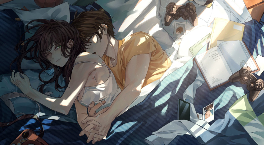 1boy 1girl bangs bare_shoulders bed bed_sheet bedroom book breasts brown_hair cleavage closed_eyes closed_mouth controller from_above game_controller green_eyes half-closed_eyes highres hug hug_from_behind indoors jingsang_w long_hair lying on_side one_eye_closed open_mouth pillow shadow shirt short_hair short_sleeves sleeveless sleeveless_shirt tears_of_themis yellow_shirt