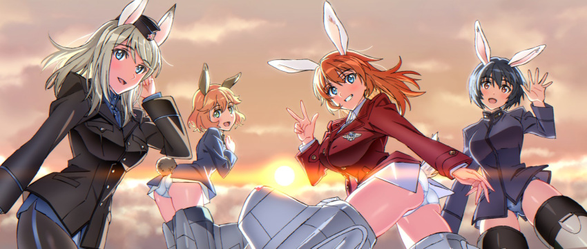 4girls above_clouds amelie_planchard brave_witches breasts character_request charlotte_e._yeager chinese_zodiac cloud happy_new_year highres kogarashi51 large_breasts long_hair looking_at_viewer military military_uniform multiple_girls open_mouth panties rabbit_tail school_swimsuit shimohara_sadako short_hair smile strike_witches strike_witches:_katayoku_no_majo-tachi striker_unit sun swimsuit swimsuit_under_clothes tail underwear uniform world_witches_series year_of_the_rabbit